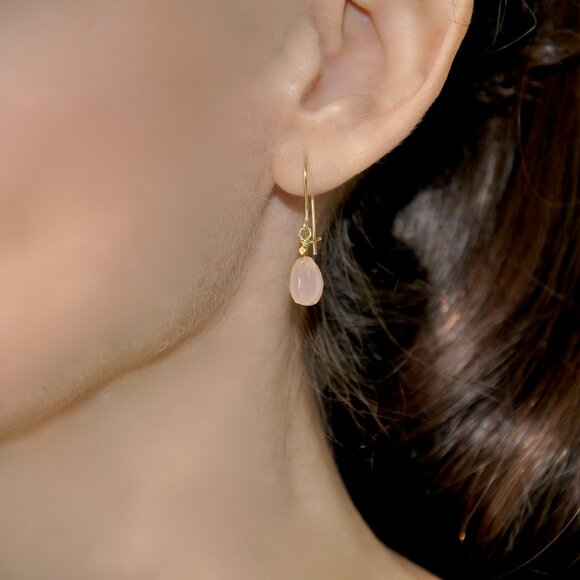 14k Solid Yellow Gold Pink Chalcedony Tear Drop Dangler/Earrings - Picture 4 of 4